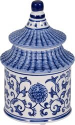 Sagebrook Home Blue and White Chinoiserie Ceramic Candle Jar