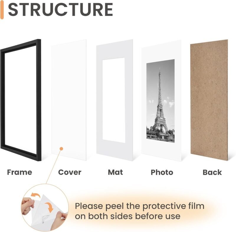 upsimples 8x10 Picture Frame Set of 5, Display Pictures 5x7 with Mat or 8 x 10 Without, Wall Gallery Photo Frames, Black - Image 4