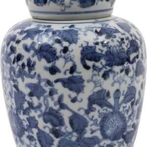 Creative Co-Op Blue & White Ceramic Ginger Jar with Lid