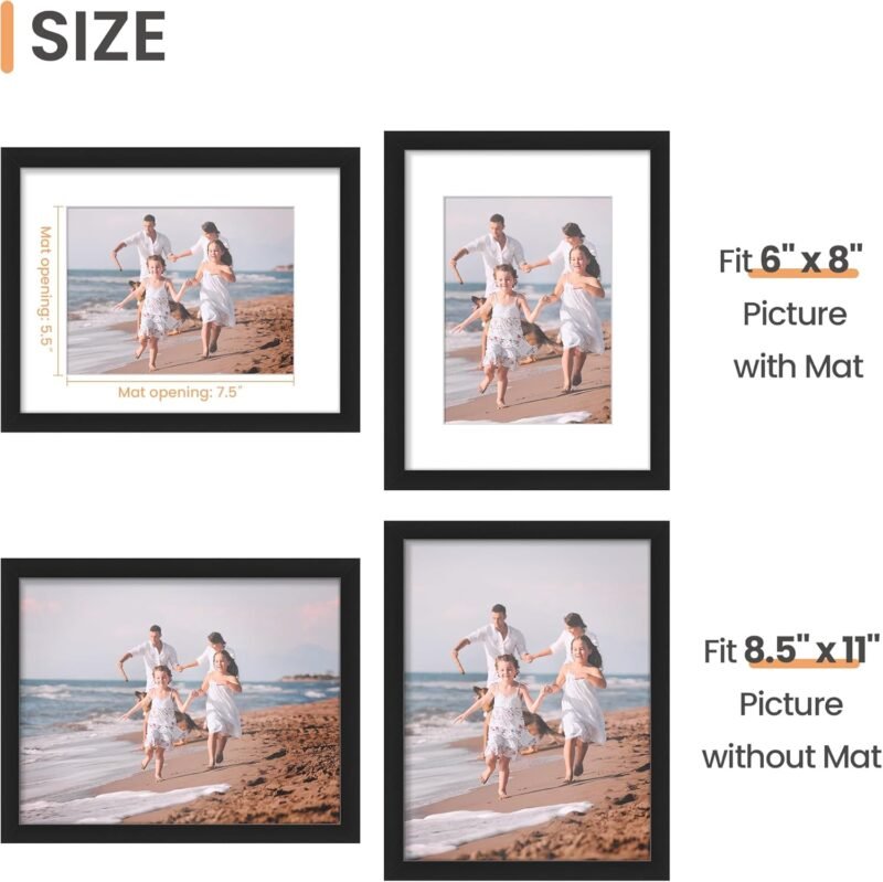 upsimples 8.5 By 11 Picture Frame, Display Pictures 6x8 with Mat or 8.5 x 11 Without, Wall Hanging Photo Frames, Black, 1 Pack - Image 4