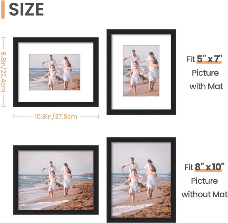 upsimples 8x10 Picture Frame Set of 5, Display Pictures 5x7 with Mat or 8 x 10 Without, Wall Gallery Photo Frames, Black - Image 3
