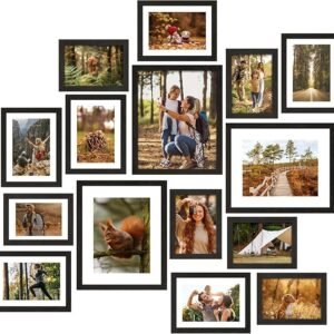Fixwal Picture Frames Set, 15 Pack Black Picture Frames Collage Wall Decor for Assorted Photos, Three 8x10, Six 5x7, Six 4x6 for Wall Hanging or Tabletop Display