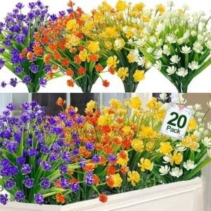 TURNMEON 20 Bundles Artificial Flowers for Outdoors Fake Plants Summer Decor, UV Resistant Artificial Plants